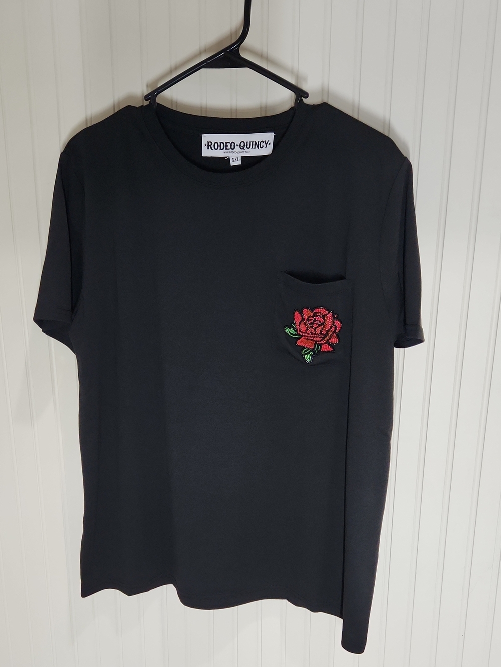 Rodeo Quincy Black Women's Tee with Red Rose Beaded Pocket